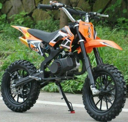 KXD01 Orange Mini Moto 50cc Front Right Side View Black Wheels